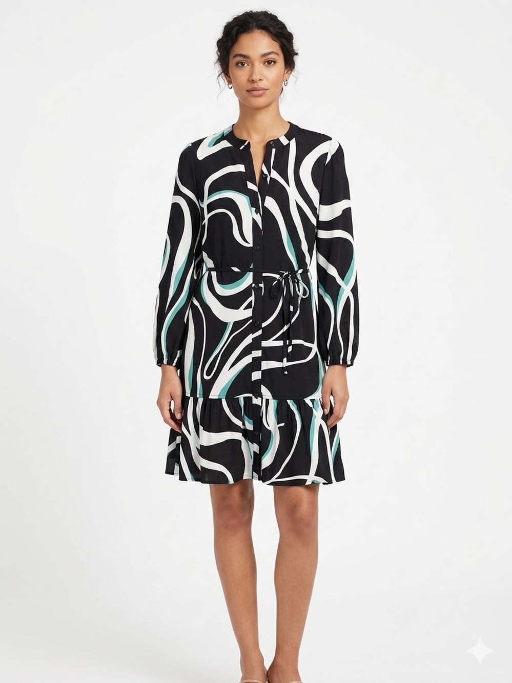 Nine West NWT Black White & Teal Swirl Button-Front Long Sleeve Dress Lined